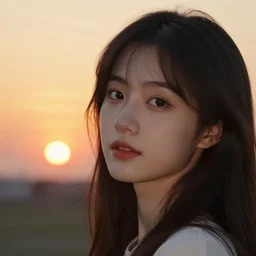 photograph of a perfect face of a girl, sunset, 4k
