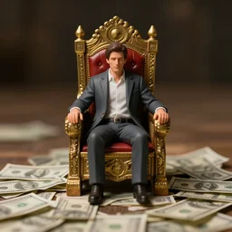 a very small adult man sitting, on a throne of money, in the style of alex ross
