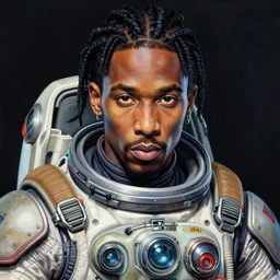 a beautiful ukiyo painting of rapper pop smoke as a timepunk battle space pilot, wearing space techwear, detailed close up portrait, intricate complexity, concept art, by takato yamamoto, wlop, krenz cushart. cinematic dramatic atmosphere, sharp focus, digital full likeness art. center frame