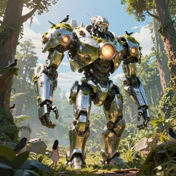 walking mech covered in chrome armor, large shapes, horizon zero dawn aesthetic, covered in moss and birds, many large glowing lights, beautiful forests and trees, utopian landscape, bright sunlight, cinematic, concept art, art by John Park and Natasha Tan, trending on artstation, masterpiece.