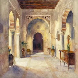 abstract watercolor painting of spanish arabian lord house interior, in stone, magical and traditional, cinematic light, national romanticism by anders zorn, by greg rutkowski, by greg manchess