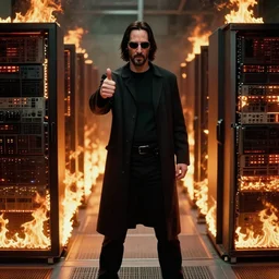 Film still of Keanu Reeves as Neo in The Matrix movie doing a thumb up to the camera in front on burning servers, servers in flames in the background, doing a thumb up, The Matrix servers on fire, uncropped, full body, crispy, symmetrical face, ultra detailed, cinematic