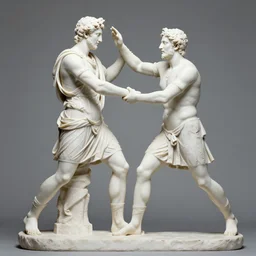 classic roman statue engaged in mortal combat with a classic greek statue