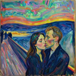 close portrait of woman and man kissing. icy mountains far away. aurora borealis. iridescent, vivid psychedelic colors. painting by munch, agnes pelton, egon schiele, henri de toulouse - lautrec, utamaro, monet