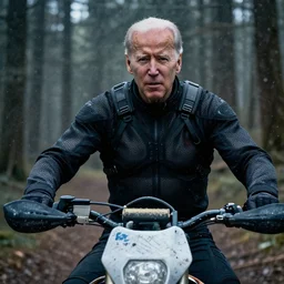 cinestill 5 0 d candid photographic portrait by helen levitt of joe biden wearing rugged black mesh techwear on a dirtbike through a deep forest, extreme closeup, modern cyberpunk moody emotional cinematic, snow storm, 8 k, hd, high resolution, 3 5 mm, f / 3 2, ultra realistic faces, ex machina