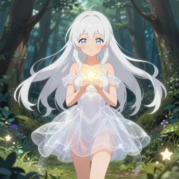 full body cute bombshell anime waifu woman with white floating hair, translucent white magical girl dress. holding tiny glowing star. isekai enchanted forest, symmetrical detailed defined eyes and face. beautiful lineart. pixiv # 1 ranking depth of focus, chromatic aberration, noise, soft lighting, srgb, 4 k, by rembrant, kuvshinov, and ross tran