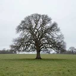 a lone oak tree in a grass field in winter. centered in frame. full composition. wide shot.