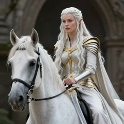 a fantast beauty detailed candice swanepoel as galadriel, riding a white horse, with a curved sword, platinum white wavy long hair, white headband in the front with diamonds, jewelry body armor in golden and silver colors, pointy ears, detailed, epic masterpiece of cinematographic hyperrealism, realistic shaded lighting poster by craig mallismo, artgerm, jeremy lipkin