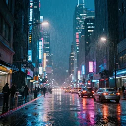 heavy rain in a neon city