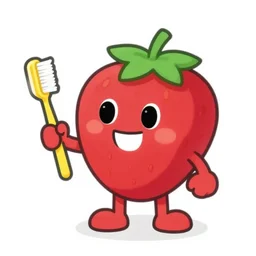 a cute strawberry character with two front teeth, holding a yellow toothbrush, in the style of richard scarry