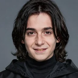 photo portrait of a 3 2 - year - old man wearing black clothes, snape severus, with black, greasy, mid - length hair, hooked nose, dark brown eyes, yellow uneven teeth, by mario testinohyper realistic face, beautiful eyes, hyper detailed, smooth