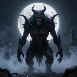full shot portrait of angry darkness creature at moonlight, inspired by Tim Burton, Norihiro Yagi, Marc Simonetti, Amano, Juri Misaki, Giger, detailed, unreal engine 4k volumetric light, fog,
