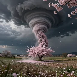 tornado of blooming cherry blossoms petals sweeping through farmland, dim volumetric lighting, 8 k octane beautifully detailed render, post - processing, extremely hyper - detailed, intricate, epic composition, cinematic lighting, masterpiece, trending on artstation, detailed detailed detailed, stunning art by anders zorn, wonderful masterpiece by greg rutkowski, beautiful cinematic light