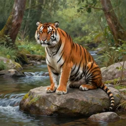 a red tiger sitting on a large rock within a woodland creek, highly detailed, trending on pixiv, realistic oil paint artwork made in 2 0 2 0.