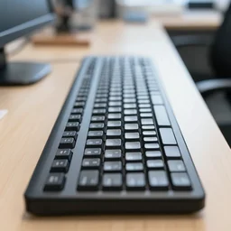 a very long keyboard in an office, photo