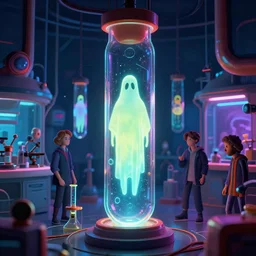 ghost in glowing glass tube in bizarre laboratory, synthwave, bright neon colors, highly detailed, cinematic, robert morello, vladimir kush, chris foss, michael whelan, bruce pennington, alfred kelsner, kubrick, wojtek suidmak