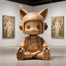 8k octane render ultra photorealistic highly  hyperdetailed unreal engine a wooden sculpture ,art toys on feet ,very cute robot mystic with bird and cat ears zen meditation cyberpunk concept art brutalism ,trending on cgsociety ,artwork masterpiece , a on contemporary art gallery and néo Paris by Alphonse Mucha and Lego