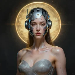 portrait of sexy beautiful woman with aureola by pantokrator, head made of mech mask rendered in unreal engine, cyberpunk, scifi nanowires on skin, painted by angus mckie, esao andrews, beksinski, arnold bocklin, aril brauer