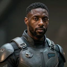 portrait of a man by greg rutkowski, he looks like idris elba, wearing futuristic military fatigues, scifi, sharp foccus, artstation hq.