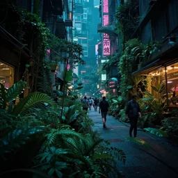 overgrown, botanical, cyberpunk city street, neon light, dark, people walking