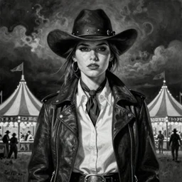 By Tom Bagshaw, ultra realist soft painting of a curiosity carnival by night, a beautiful gunslinger in detective wear, symmetry accurate features, very intricate details, ominous sky, black and white, volumetric light clouds