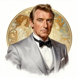 Elegant sean connery looking gentleman with a silver suit, portrait, intricate, elegant, highly detailed, digital painting, artstation, concept art, rough, sharp focus, illustration, art by artgerm and greg rutkowski and alphonse mucha