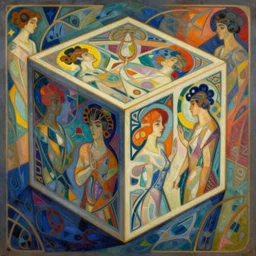 beautiful painting of companion - cube!!!!!!!!!!!!!!!!! companion - cube!!!!!!!!!!!!!!!!!, art nouveau. by eve ventrue, michael carson, andreas rochas, mucha, gaudy colors. intricate linework. sharp edges.