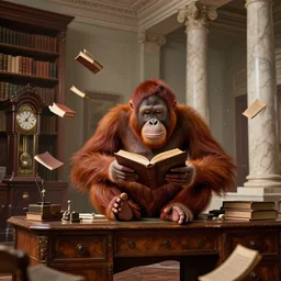long shot, whole room view, orangutan sitting on antique desk, holding open book using his feet, books flying from small bookshelves, grandfather clock, tall marble columns in the background, epic, master, illustration, concept art, detailed, dynamic lighting, octane render, 4 k