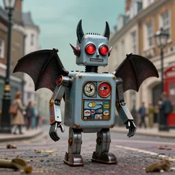 portrait of a tin toy robot jack the ripper as a bat with glowing red eyes sightseeing in victorian london, nicoletta ceccoli, mark ryden, lostfish, max fleischer, depth of field, detailed and intricate environment, 8 k resolution, hyperrealistic, octane render