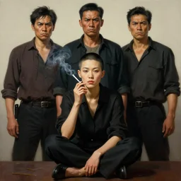 wide full body shot of buzz cut hair asian female sitting and smoking, three males standing behind her with angry faces, diffuse lighting, propaganda art, highly detailed, lifelike, photorealistic, digital painting, smooth, sharp focus, art by john collier and albert aublet and krenz cushart and artem demura