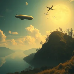 planet hill by a lake with a zeppelin solarpunk, drone birds in the sky cyberpunk alphonse mucha
