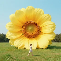 giant flower head, woman walking, surreal photography, cinematic, symmetry, flat space, fanciful, bright, detailed, wes anderson