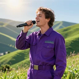 Green hills, sunny, man in purple jumpsuit singing into a microphone, cinematic lighting