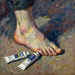 a foot squishing painting tubes. painting by degas, monet, henri de toulouse - lautrec, agnes pelton