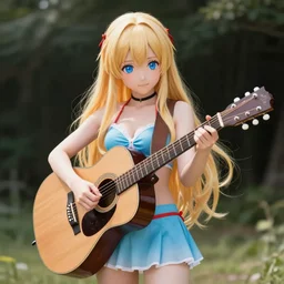 a very beautiful little yuuki asuna playing guitar, full body, long wavy blond hair, sky blue eyes, full round face,, bikini, miniskirt, front view, mid - shot, highly detailed, cinematic wallpaper by stanley artgerm lau