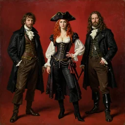 solomon joseph solomon and richard schmid and jeremy lipking victorian genre painting full length portrait painting of a young beautiful woman traditional punk rock german french actress model pirate wench in fantasy costume, red background