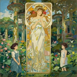 A beautiful painting of a utopian garden and forest with supertrees by Alfons Maria Mucha and Julie Dillon and Makoto Shinkai