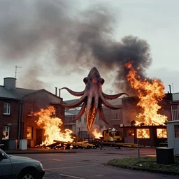 aberdeen marine laboratory buildings on fire vintage kodachrome 1 9 6 0 s giant squid attack photorealistic