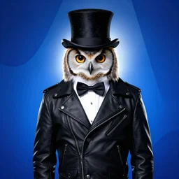 one owl wearing black biker jacket, portrait photo, backlit, background has kobalt blue shapes, studio photo, suit, bow tie, tophat, tophat