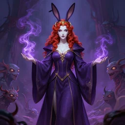 Beautiful lady with bunny ears, tall, Evoker robes, dark purple, modest, smoke energy, strange creatures, high fantasy, heroic, detailed face, white skin, red hair, curly hair, golden circlet, no extra ears, by Frank Franzzeta ,ornamental rober, symmetry, trending on artstation, artstationHD, artstationHQ, deviantart, matte painting, colorful