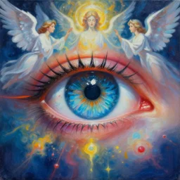 painting of an eye surrounded by dmt visuals with angels in the background 4 k quality super realistic
