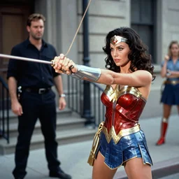 Wonder woman lassos a bank robber, Lynda Carter, cinematic, kodak 2383 film, 35mm lens
