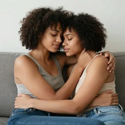 beautiful portrait of a mixed race lesbian couple in love cuddling on the sofa, 2 8 4, romantic, highly detailed, smooth, highly stylized, artistic, medium shot, vector line art, clean cel shaded vector art, by lois van baarle, ross tron, artgerm, helen huang, makoto shinkai, ilya kuvshinov, rossdraws