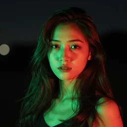 photograph of beautiful woman ,night , illuminated by green and red colored LED lights, 85 mm f1.4