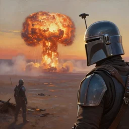 close up mid shot of mandalorian with backlight watching nuclear war explosion on jupiter graveyard wasteland  with fog during sunset  , panoramic cinematic very sharp oil painting by frazetta