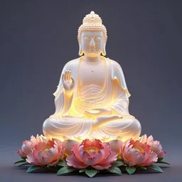 glowing buddha sitting on the peony, high quality 3 d rendering