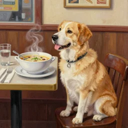 dog sitting at a restaurant ordering soup, artstation, digital art, pencil illustration, oil painting, 8 k image quality
