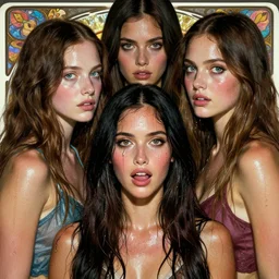 a mix of dove cameron and megan fox and madison beer and olivia munn peaking on ecstasy glistening with sweat with dilated pupils, visibly fucked up on drugs, rorsach path traced, highly detailed, high quality, digital painting, alena aenami, lilia alvarado, shinji aramaki, karol bak, alphonse mucha, tom bagshaw