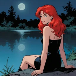 a beautiful comic book illustration of a woman with long red hair sitting near a lake at night by dave gibbons, featured on artstation