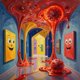 an extremely high quality hd surrealism painting of a 3d perspective neon complimentary-colors cartoon surrealism melting optical illusion sculpture gallery zaha hadid biological anatomical molten lava sculpture gallery hallway by a much more skilled version of kandinskypicasso and salvia dali the fourth, salvador dali's much much much much more talented painter cousin, glowing, red hot, 8k, ultra realistic, very realistic, blood cells